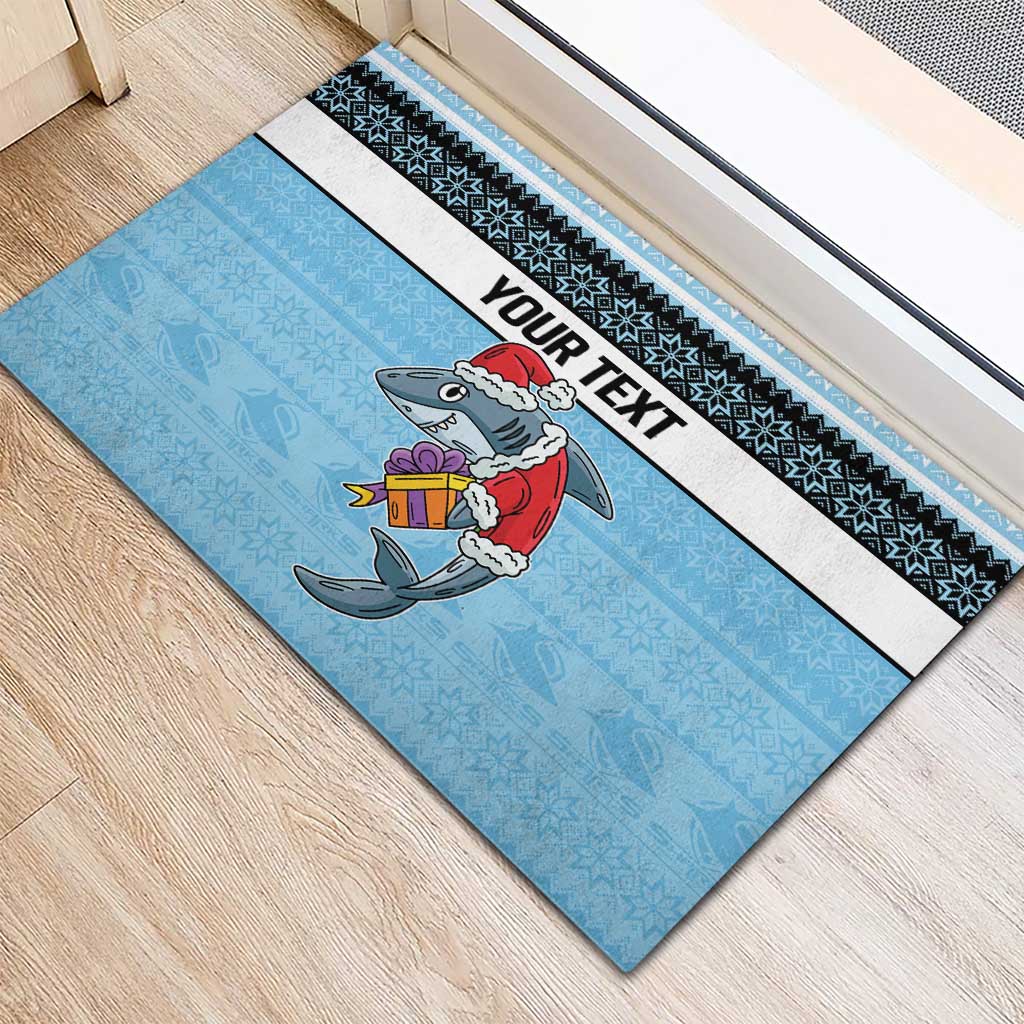 NRL Cronulla-Sutherland Christmas Personalised Rubber Doormat with Sharkies Santa