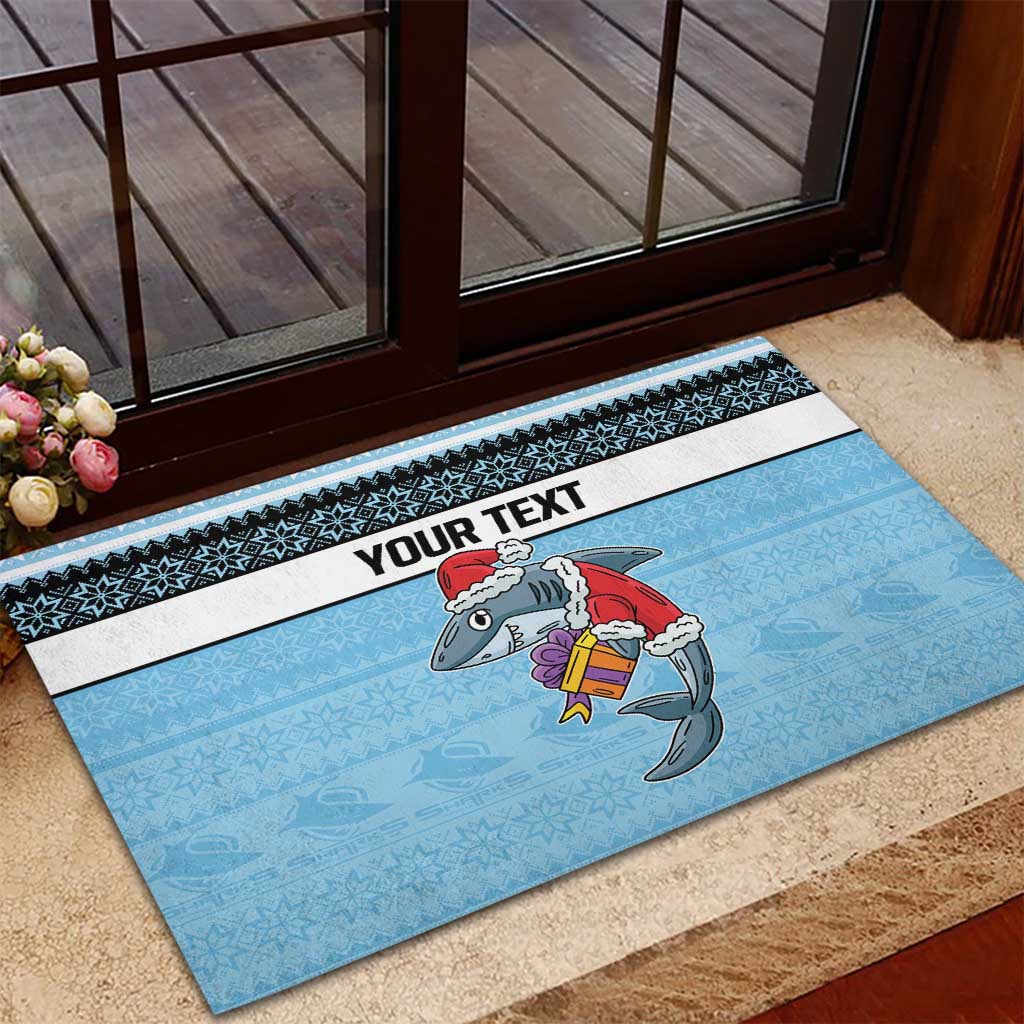 NRL Cronulla-Sutherland Christmas Personalised Rubber Doormat with Sharkies Santa