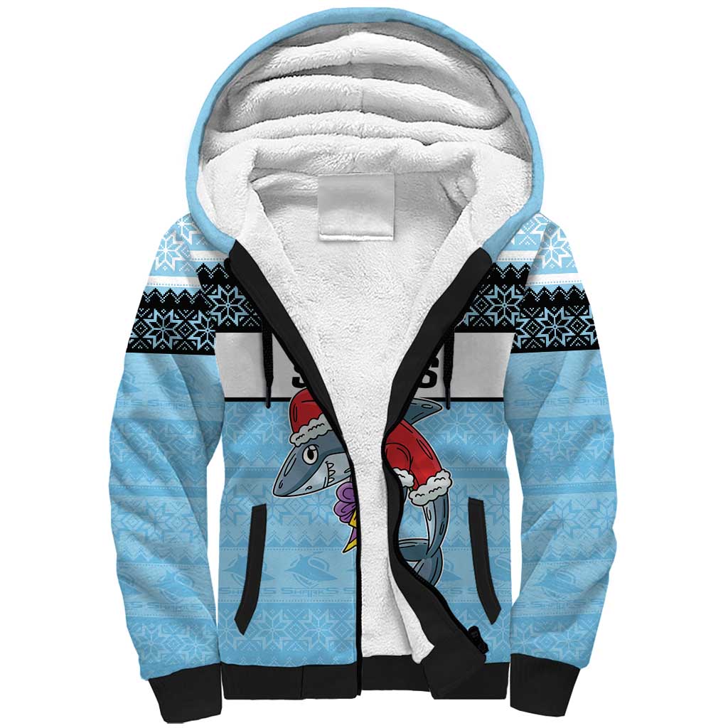 NRL Cronulla-Sutherland Christmas Personalised Sherpa Hoodie with Sharkies Santa