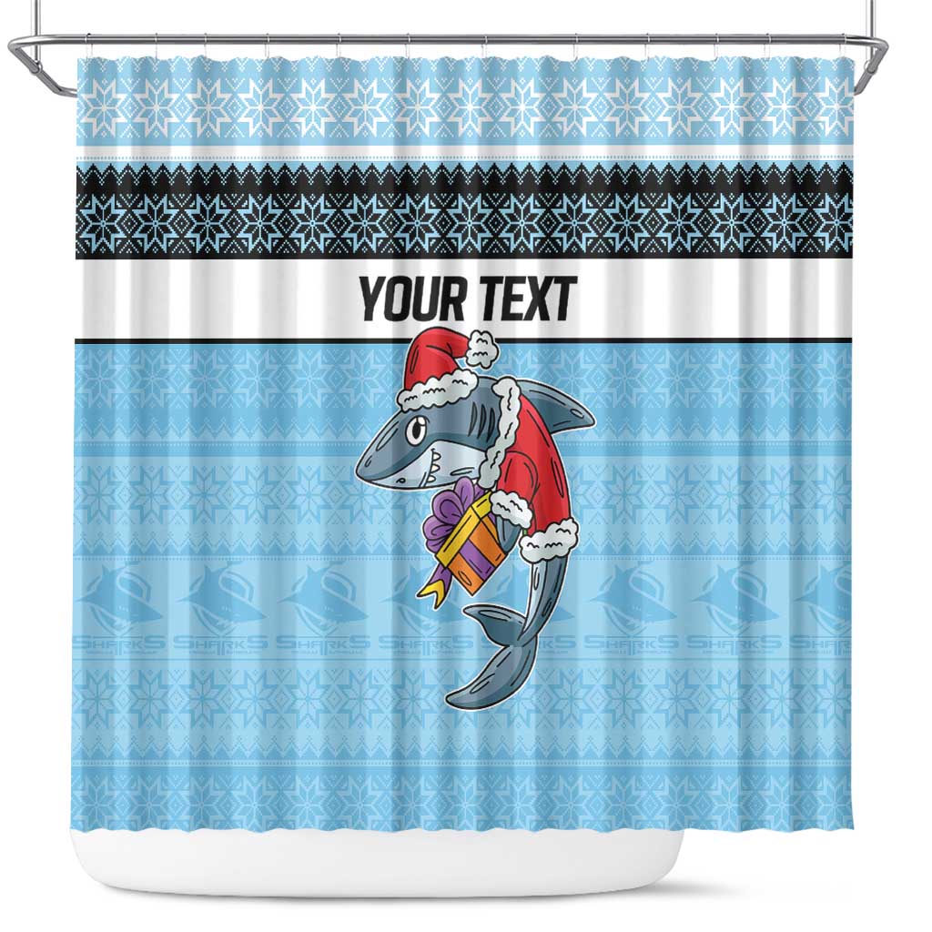 NRL Cronulla-Sutherland Christmas Personalised Shower Curtain with Sharkies Santa