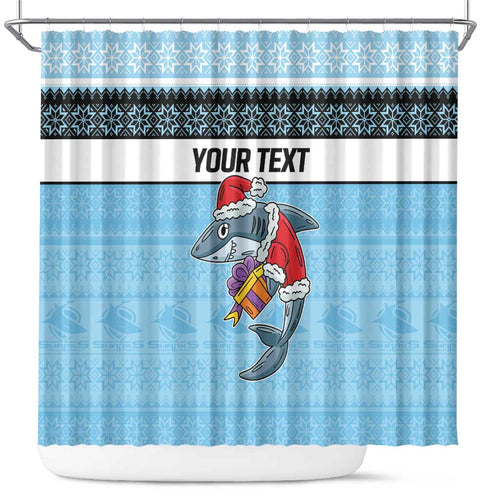 NRL Cronulla-Sutherland Christmas Personalised Shower Curtain with Sharkies Santa