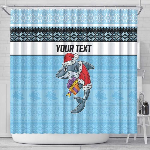 NRL Cronulla-Sutherland Christmas Personalised Shower Curtain with Sharkies Santa