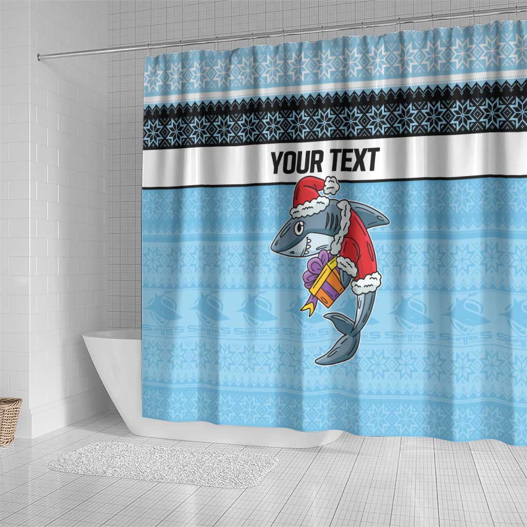 NRL Cronulla-Sutherland Christmas Personalised Shower Curtain with Sharkies Santa