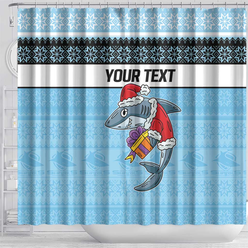 NRL Cronulla-Sutherland Christmas Personalised Shower Curtain with Sharkies Santa