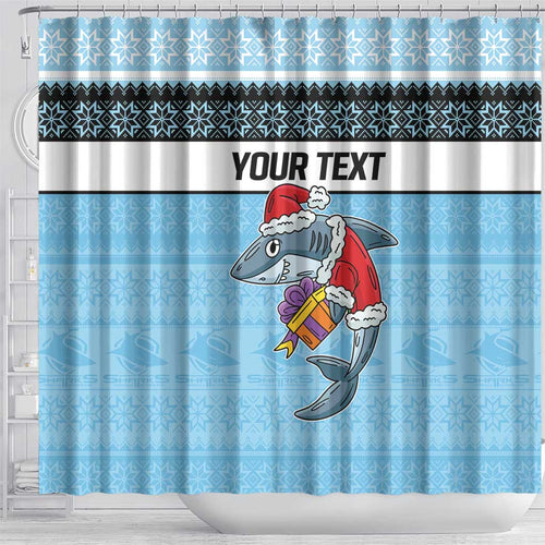NRL Cronulla-Sutherland Christmas Personalised Shower Curtain with Sharkies Santa