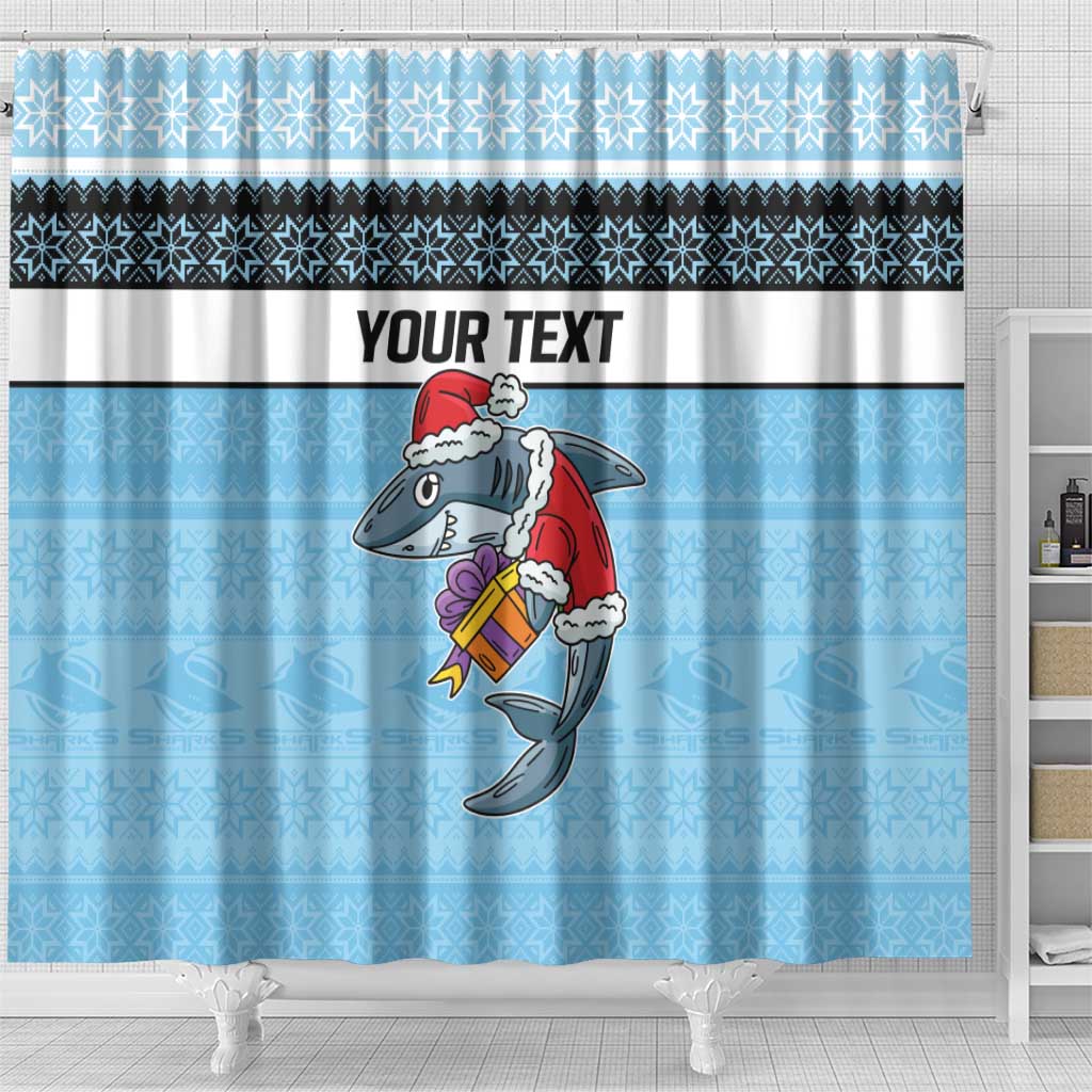 NRL Cronulla-Sutherland Christmas Personalised Shower Curtain with Sharkies Santa