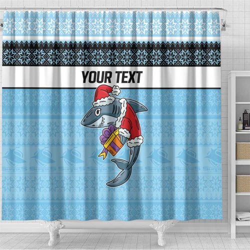 NRL Cronulla-Sutherland Christmas Personalised Shower Curtain with Sharkies Santa