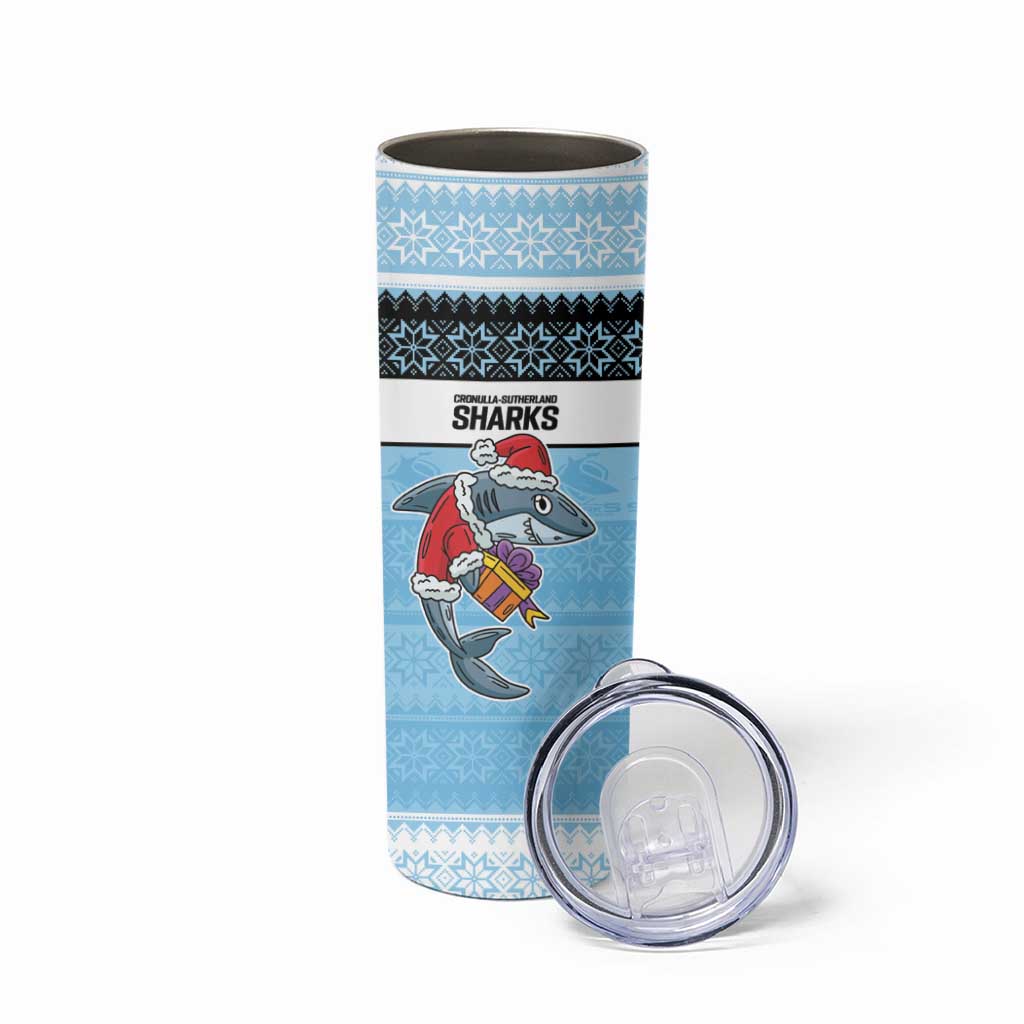 NRL Cronulla-Sutherland Christmas Personalised Skinny Tumbler with Sharkies Santa