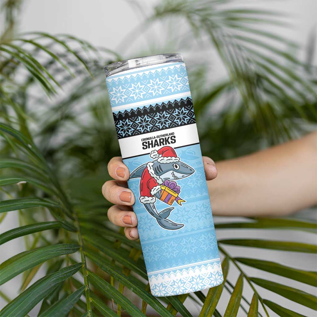 NRL Cronulla-Sutherland Christmas Personalised Skinny Tumbler with Sharkies Santa
