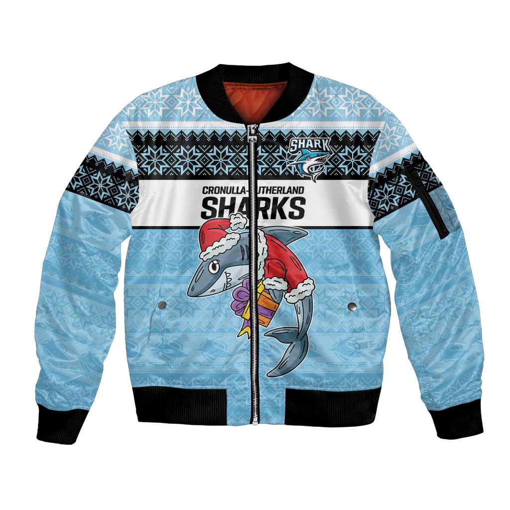 NRL Cronulla-Sutherland Christmas Personalised Sleeve Zip Bomber Jacket with Sharkies Santa