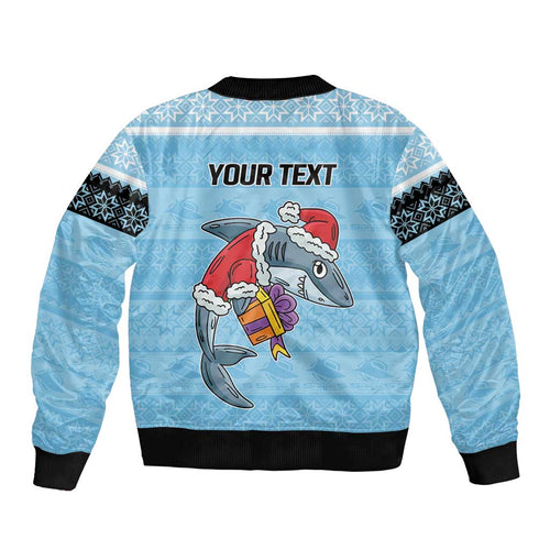 NRL Cronulla-Sutherland Christmas Personalised Sleeve Zip Bomber Jacket with Sharkies Santa