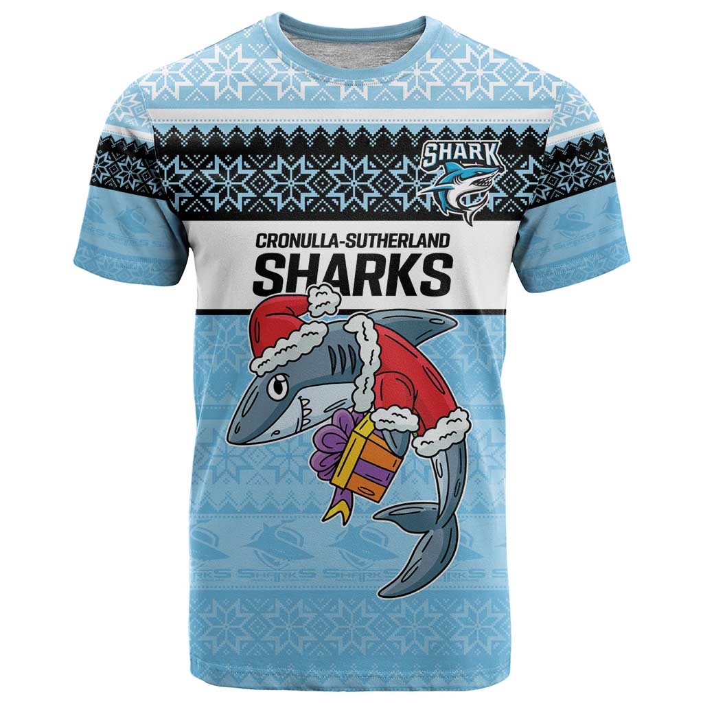 NRL Cronulla-Sutherland Christmas Personalised T Shirt with Sharkies Santa