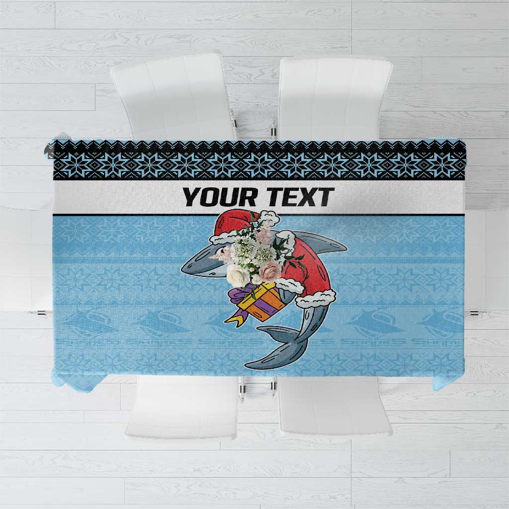 NRL Cronulla-Sutherland Christmas Personalised Tablecloth with Sharkies Santa