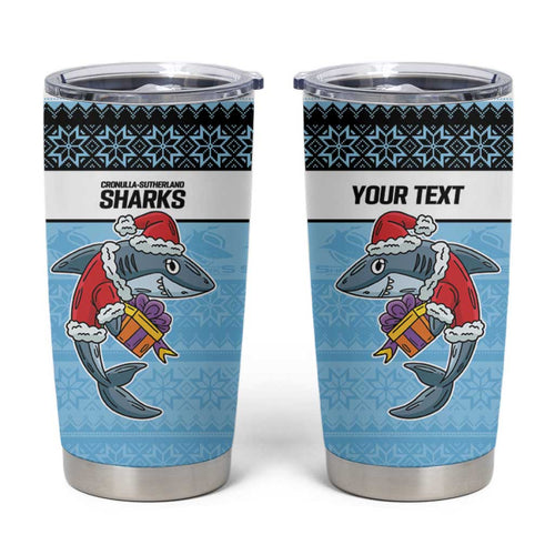 NRL Cronulla-Sutherland Christmas Personalised Tumbler Cup with Sharkies Santa