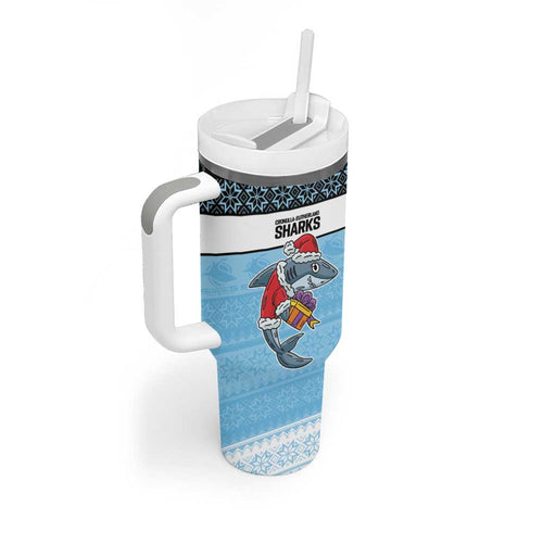 NRL Cronulla-Sutherland Christmas Personalised Tumbler With Handle with Sharkies Santa