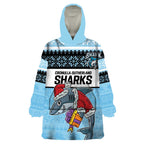 NRL Cronulla-Sutherland Christmas Personalised Wearable Blanket Hoodie with Sharkies Santa
