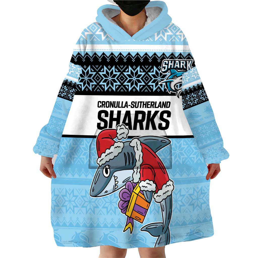 NRL Cronulla-Sutherland Christmas Personalised Wearable Blanket Hoodie with Sharkies Santa