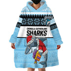 NRL Cronulla-Sutherland Christmas Personalised Wearable Blanket Hoodie with Sharkies Santa