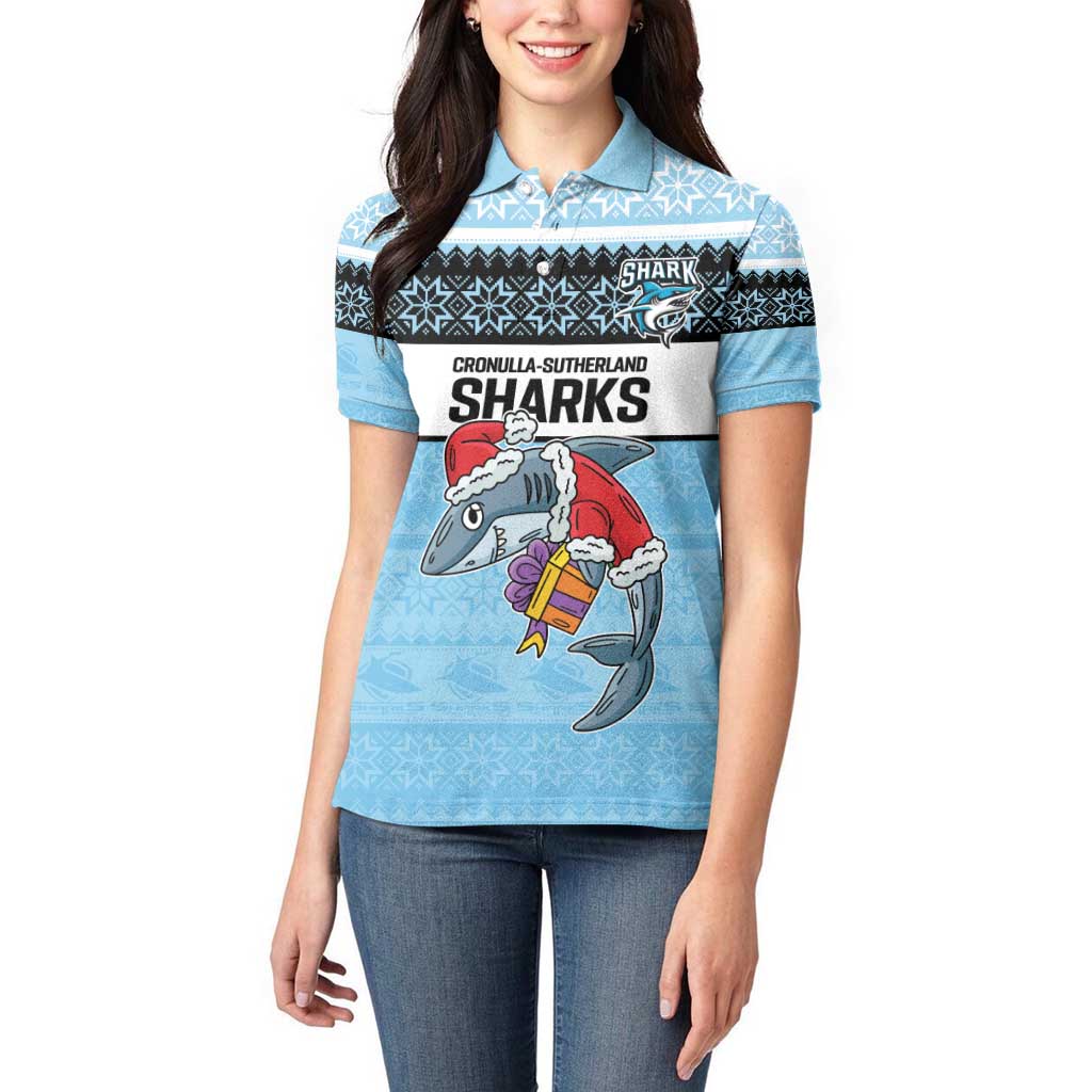 NRL Cronulla-Sutherland Christmas Personalised Women Polo Shirt with Sharkies Santa