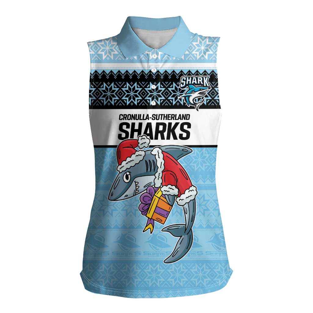 NRL Cronulla-Sutherland Christmas Personalised Women Sleeveless Polo Shirt with Sharkies Santa