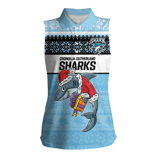 NRL Cronulla-Sutherland Christmas Personalised Women Sleeveless Polo Shirt with Sharkies Santa