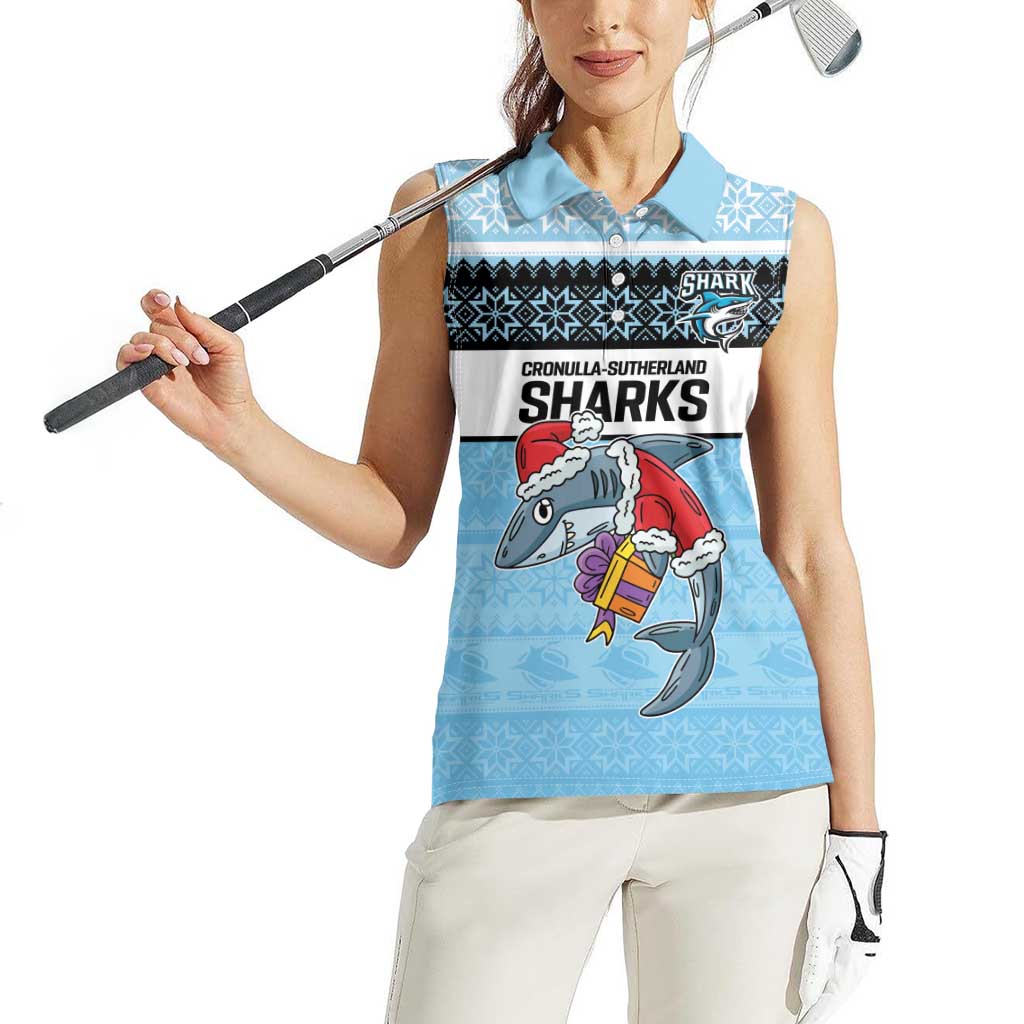 NRL Cronulla-Sutherland Christmas Personalised Women Sleeveless Polo Shirt with Sharkies Santa