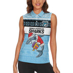 NRL Cronulla-Sutherland Christmas Personalised Women Sleeveless Polo Shirt with Sharkies Santa