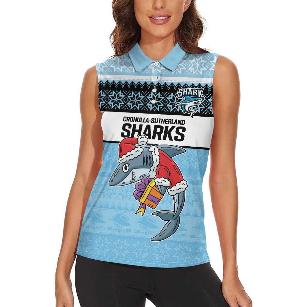 NRL Cronulla-Sutherland Christmas Personalised Women Sleeveless Polo Shirt with Sharkies Santa