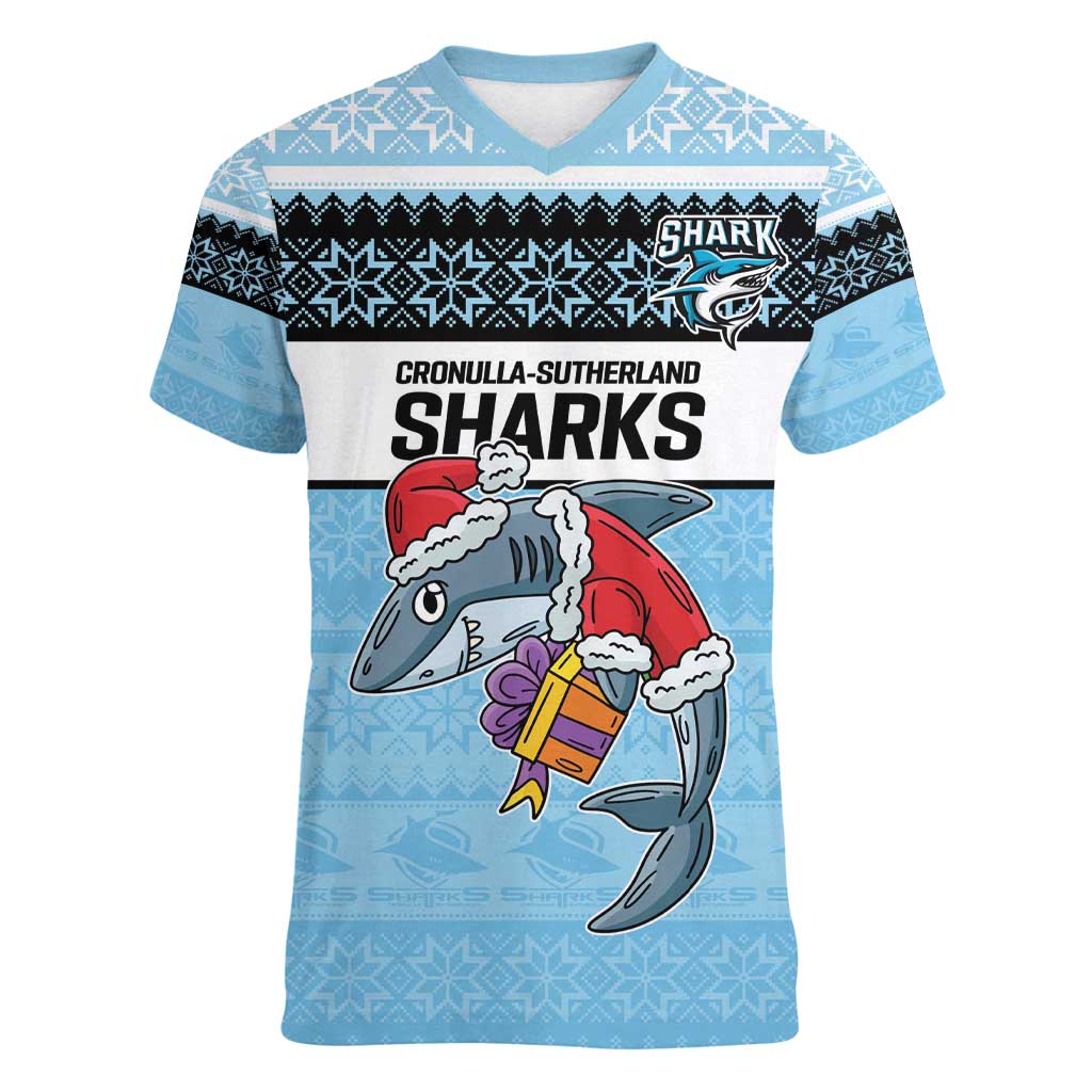 NRL Cronulla-Sutherland Christmas Personalised Women V-Neck T-Shirt with Sharkies Santa