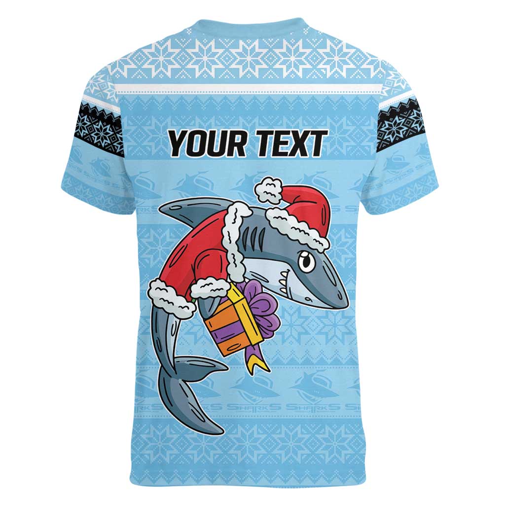 NRL Cronulla-Sutherland Christmas Personalised Women V-Neck T-Shirt with Sharkies Santa