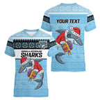 NRL Cronulla-Sutherland Christmas Personalised Women V-Neck T-Shirt with Sharkies Santa