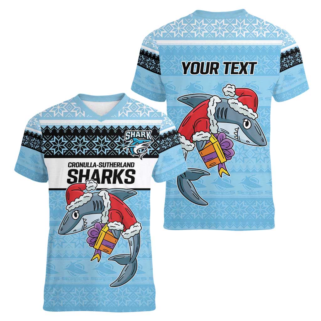 NRL Cronulla-Sutherland Christmas Personalised Women V-Neck T-Shirt with Sharkies Santa