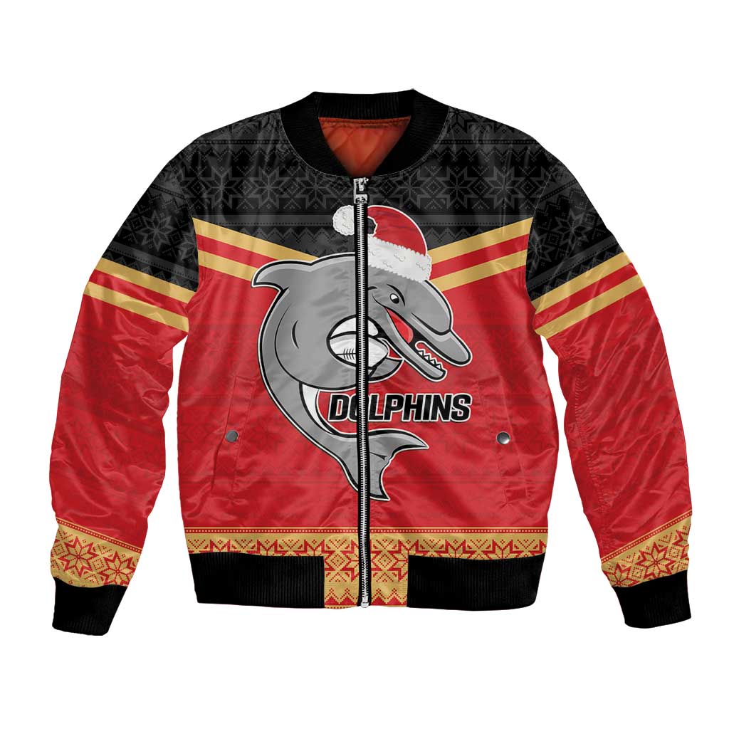 NRL Dolphins Mascot Christmas Personalised Bomber Jacket Black Style