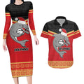 NRL Dolphins Mascot Christmas Personalised Couples Matching Long Sleeve Bodycon Dress and Hawaiian Shirt Black Style