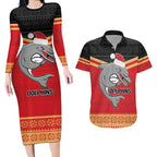 NRL Dolphins Mascot Christmas Personalised Couples Matching Long Sleeve Bodycon Dress and Hawaiian Shirt Black Style