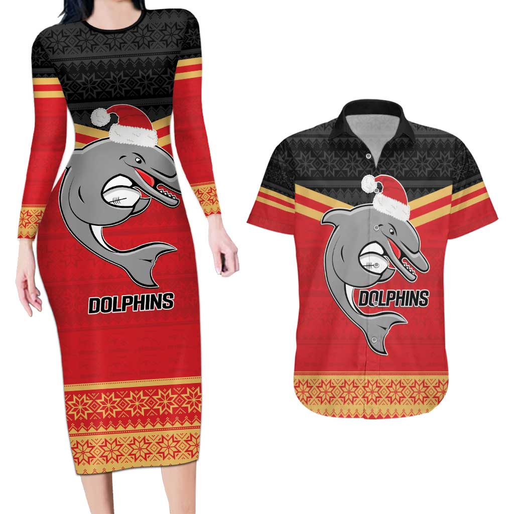 NRL Dolphins Mascot Christmas Personalised Couples Matching Long Sleeve Bodycon Dress and Hawaiian Shirt Black Style