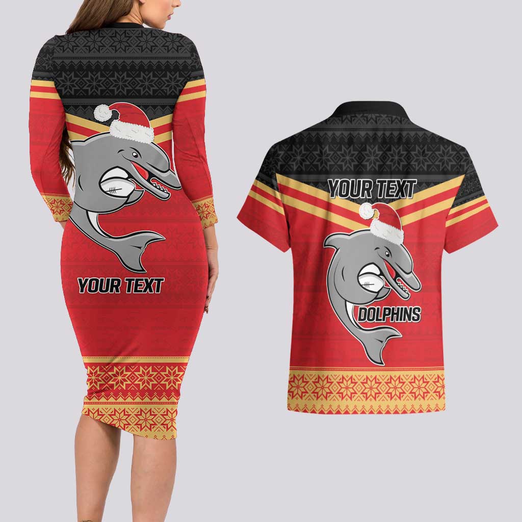 NRL Dolphins Mascot Christmas Personalised Couples Matching Long Sleeve Bodycon Dress and Hawaiian Shirt Black Style