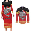 NRL Dolphins Mascot Christmas Personalised Couples Matching Long Sleeve Bodycon Dress and Long Sleeve Button Shirt Black Style