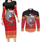 NRL Dolphins Mascot Christmas Personalised Couples Matching Long Sleeve Bodycon Dress and Long Sleeve Button Shirt Black Style