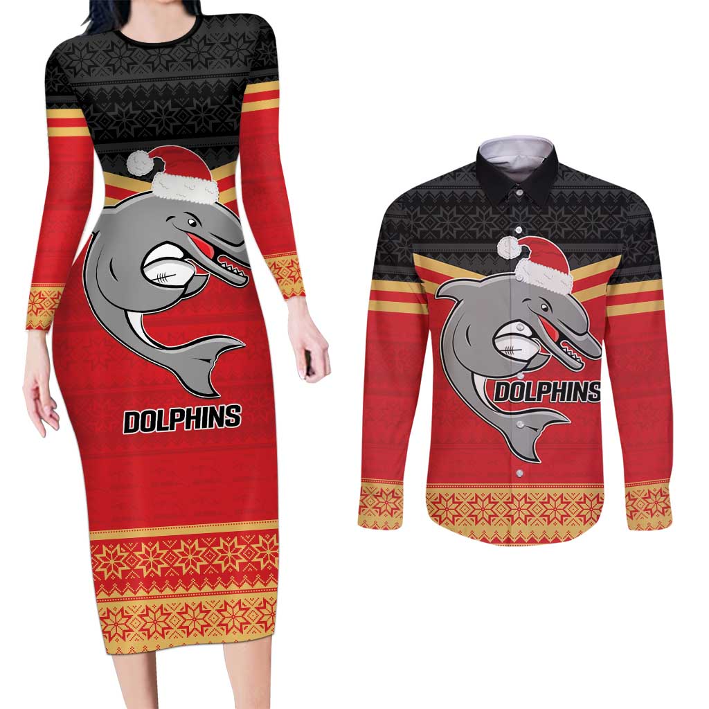 NRL Dolphins Mascot Christmas Personalised Couples Matching Long Sleeve Bodycon Dress and Long Sleeve Button Shirt Black Style