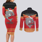 NRL Dolphins Mascot Christmas Personalised Couples Matching Long Sleeve Bodycon Dress and Long Sleeve Button Shirt Black Style