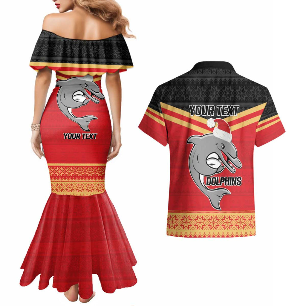 NRL Dolphins Mascot Christmas Personalised Couples Matching Mermaid Dress and Hawaiian Shirt Black Style