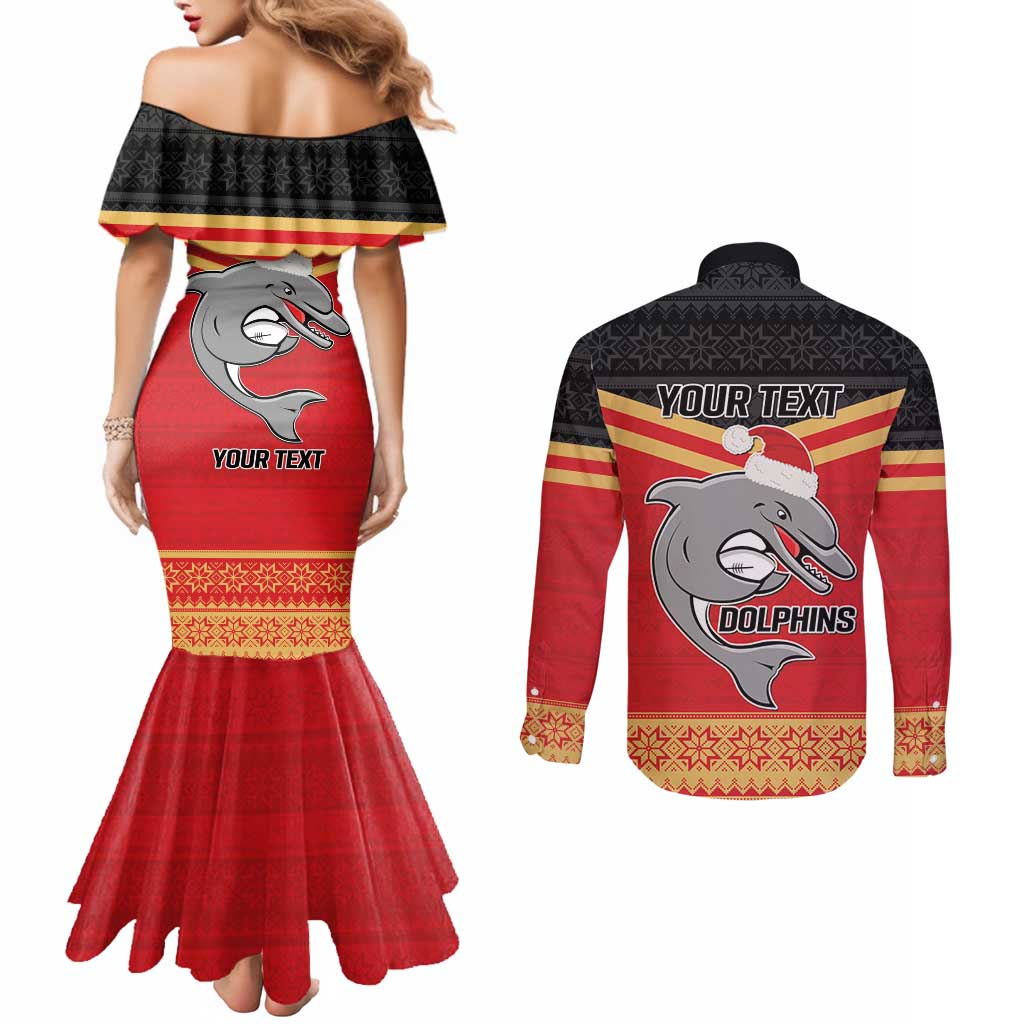 NRL Dolphins Mascot Christmas Personalised Couples Matching Mermaid Dress and Long Sleeve Button Shirt Black Style