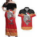 NRL Dolphins Mascot Christmas Personalised Couples Matching Off Shoulder Maxi Dress and Hawaiian Shirt Black Style