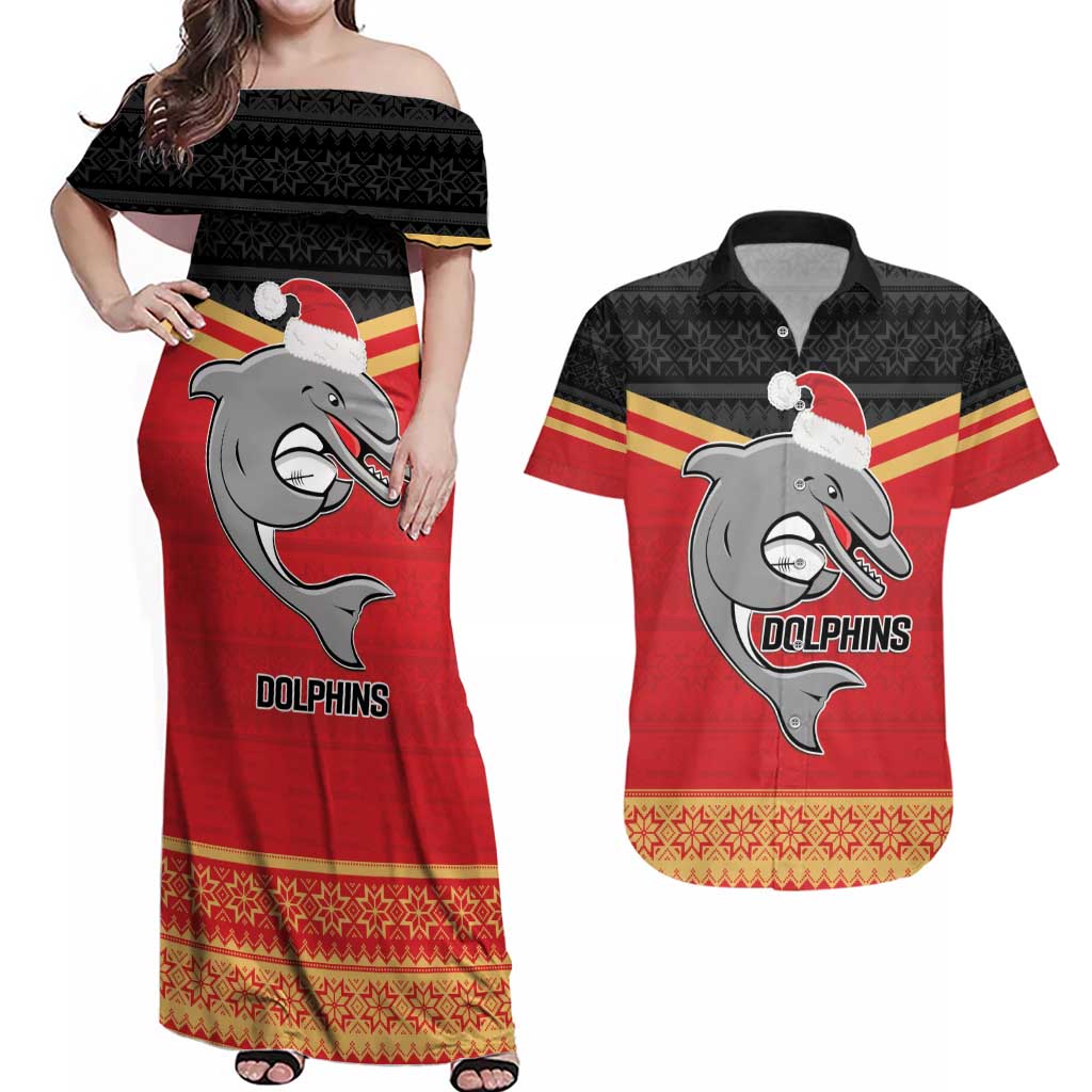 NRL Dolphins Mascot Christmas Personalised Couples Matching Off Shoulder Maxi Dress and Hawaiian Shirt Black Style