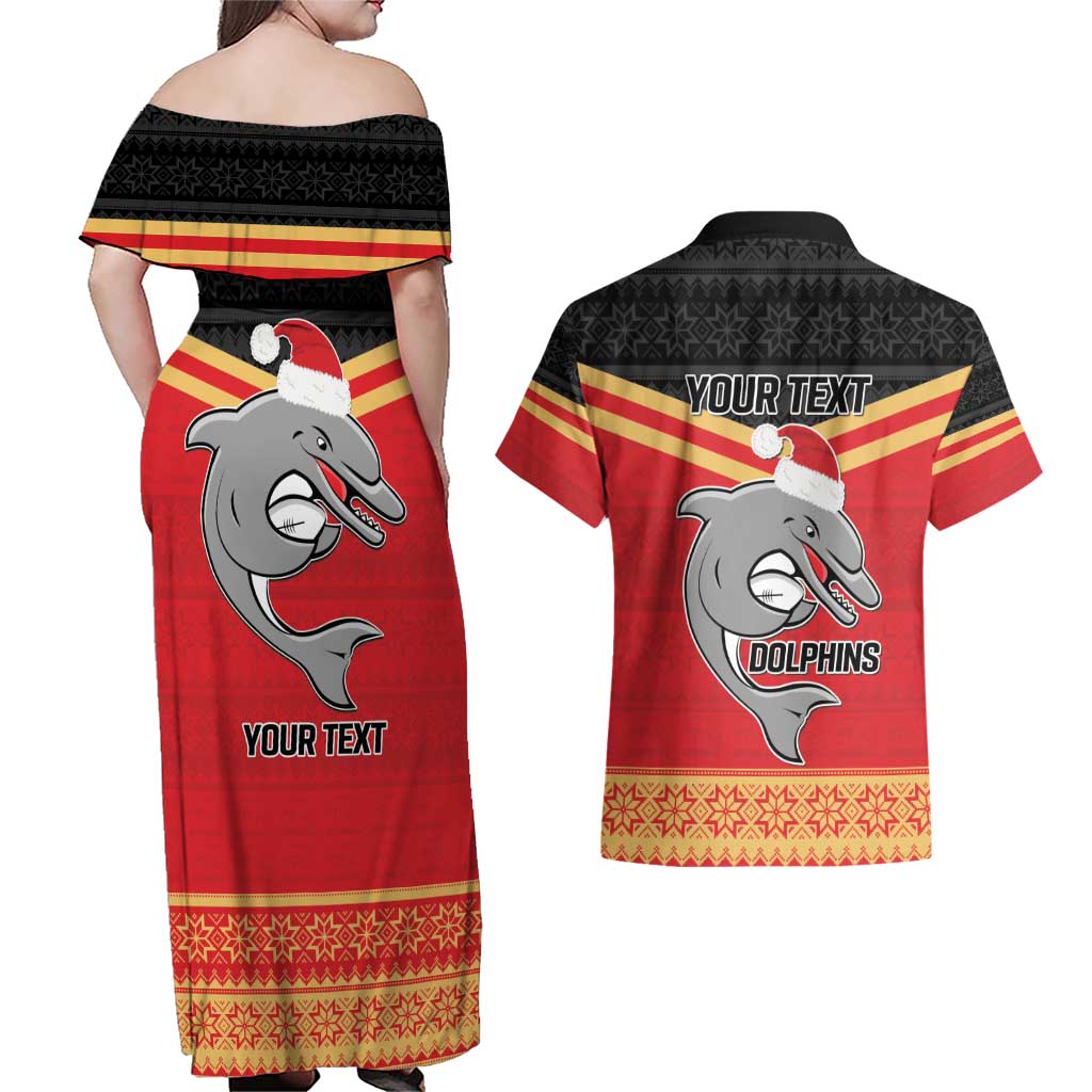NRL Dolphins Mascot Christmas Personalised Couples Matching Off Shoulder Maxi Dress and Hawaiian Shirt Black Style