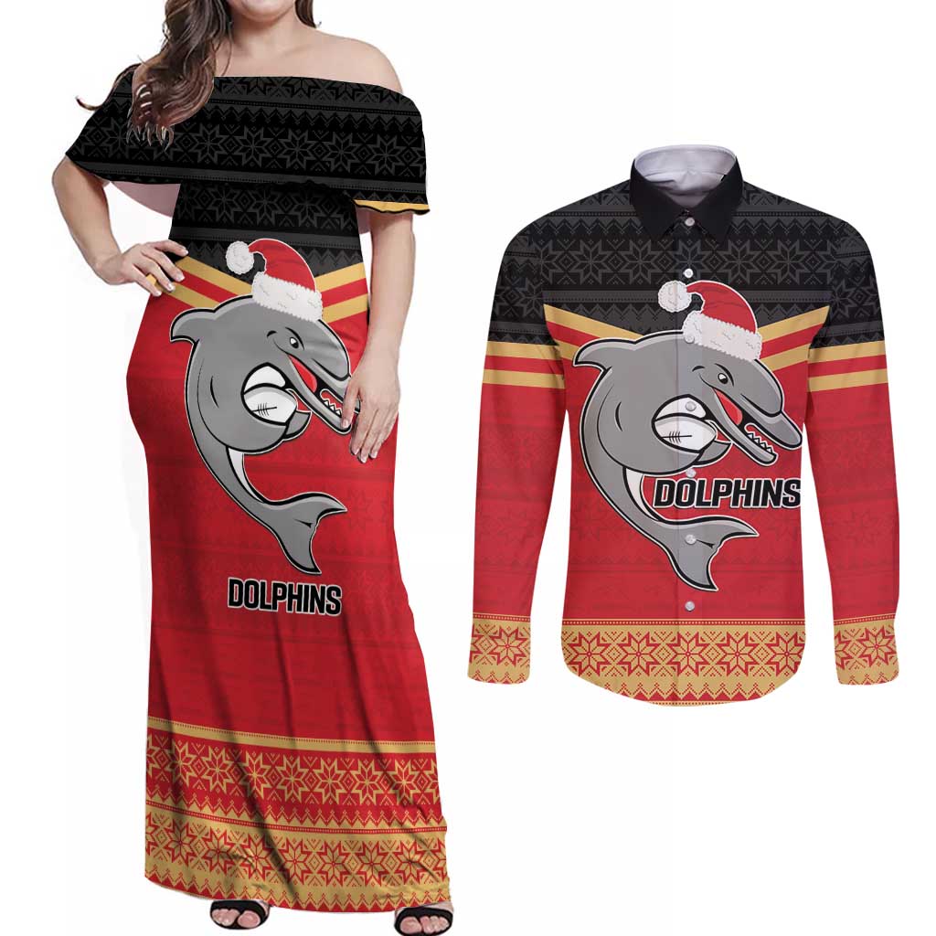 NRL Dolphins Mascot Christmas Personalised Couples Matching Off Shoulder Maxi Dress and Long Sleeve Button Shirt Black Style