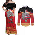 NRL Dolphins Mascot Christmas Personalised Couples Matching Off Shoulder Maxi Dress and Long Sleeve Button Shirt Black Style