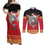 NRL Dolphins Mascot Christmas Personalised Couples Matching Off Shoulder Maxi Dress and Long Sleeve Button Shirt Black Style