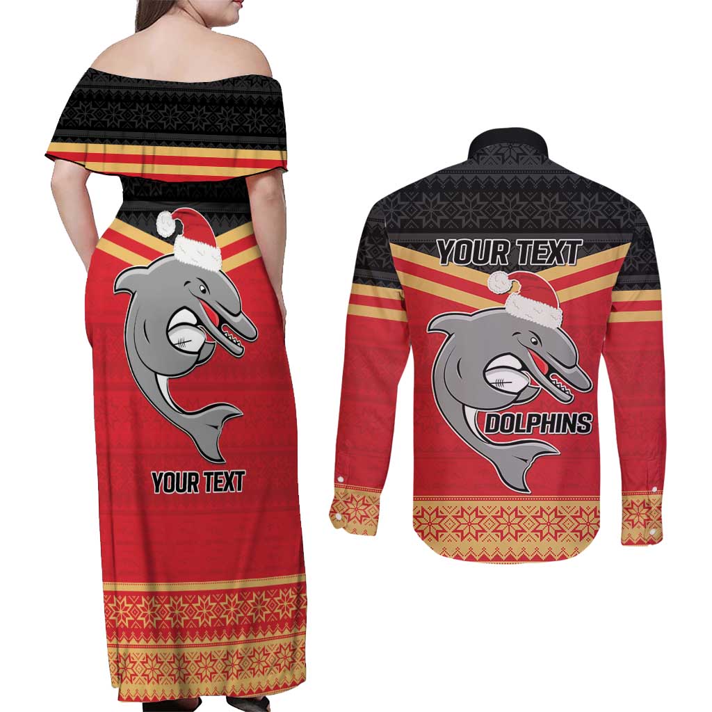 NRL Dolphins Mascot Christmas Personalised Couples Matching Off Shoulder Maxi Dress and Long Sleeve Button Shirt Black Style